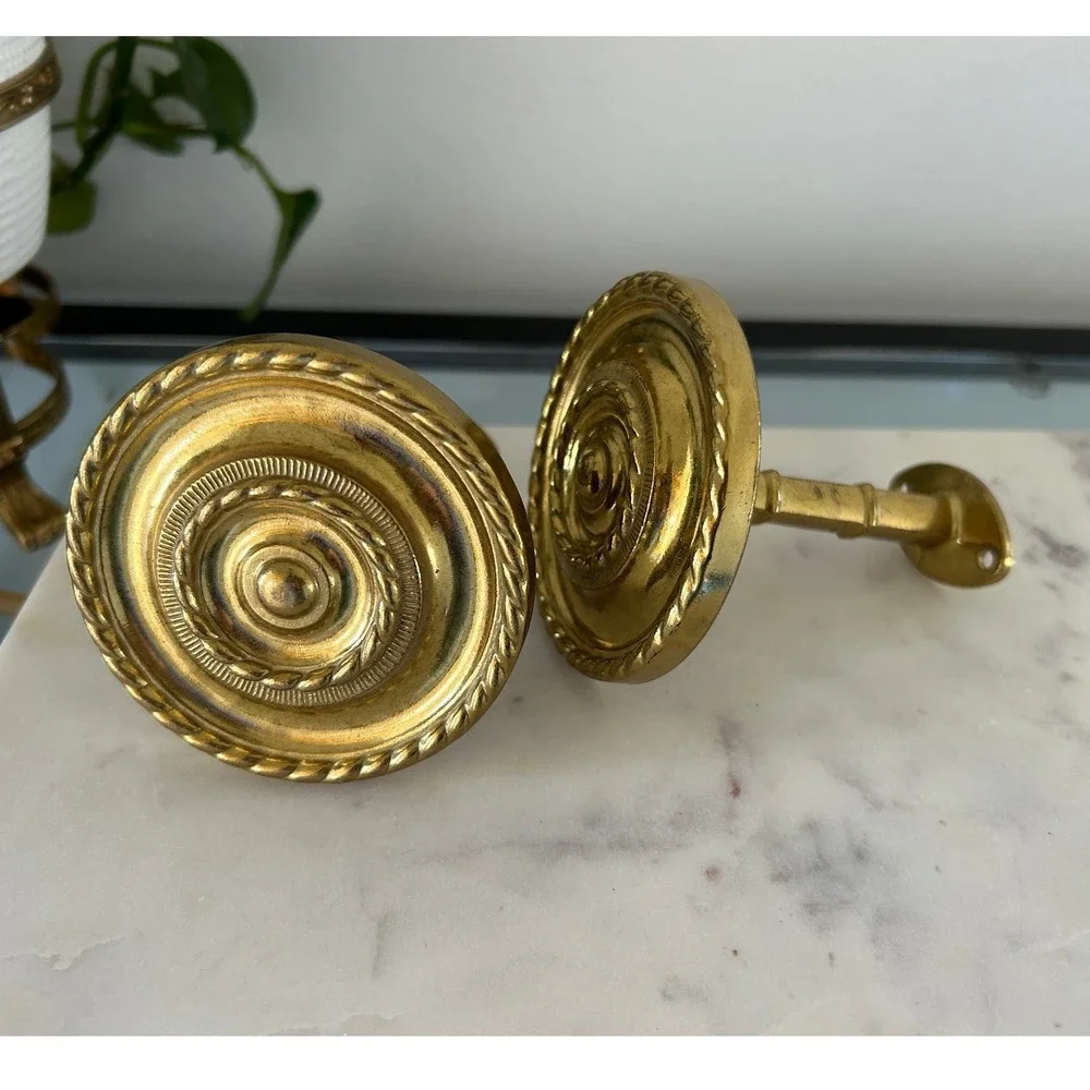 Vintage Brass Curtain Tieback Holdbacks Medallion Rope Twist Bamboo Stem Set 2